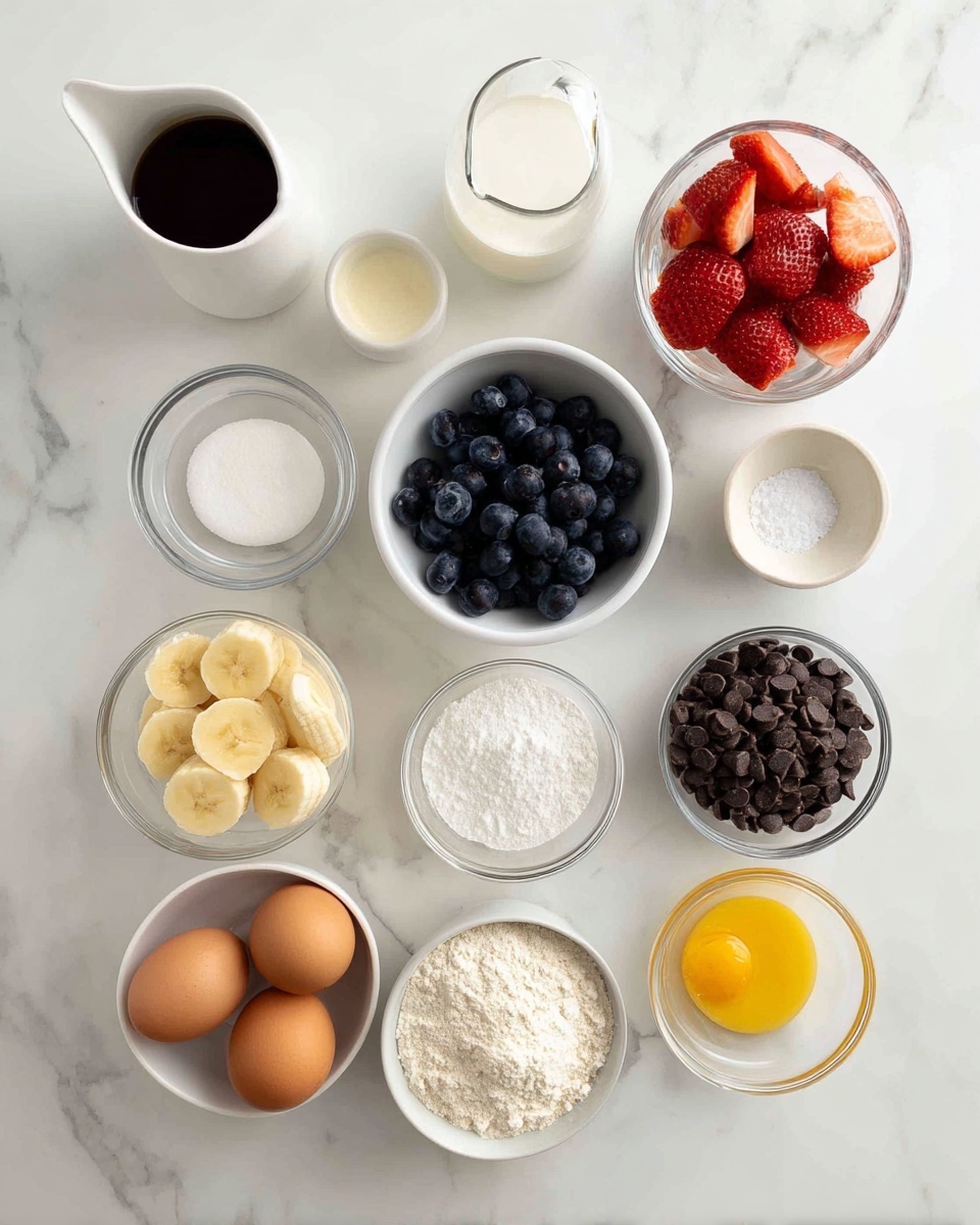 The image shows a top view of various baking ingredients placed neatly on a white marbled surface. There are twelve bowls and containers arranged in a loose grid. The top row has a small white pitcher filled with dark syrup, a white bowl with sliced red strawberries, and a clear tall container of white liquid. Below, there is a small clear bowl with white sugar, another clear bowl with a white solid (possibly coconut oil), and a white bowl full of dark blue blueberries. The next row shows a clear bowl with banana slices on the left, two brown eggs placed side by side in the middle, and a white bowl full of chocolate chips on the right. The bottom row has a small clear bowl of salt, a white bowl with flour, a small clear bowl filled with white powder (likely baking soda), and a small clear bowl with melted yellow butter. The overall layout is clean and organized, with a bright, fresh look. photo taken with an iphone --ar 4:5 --v 7