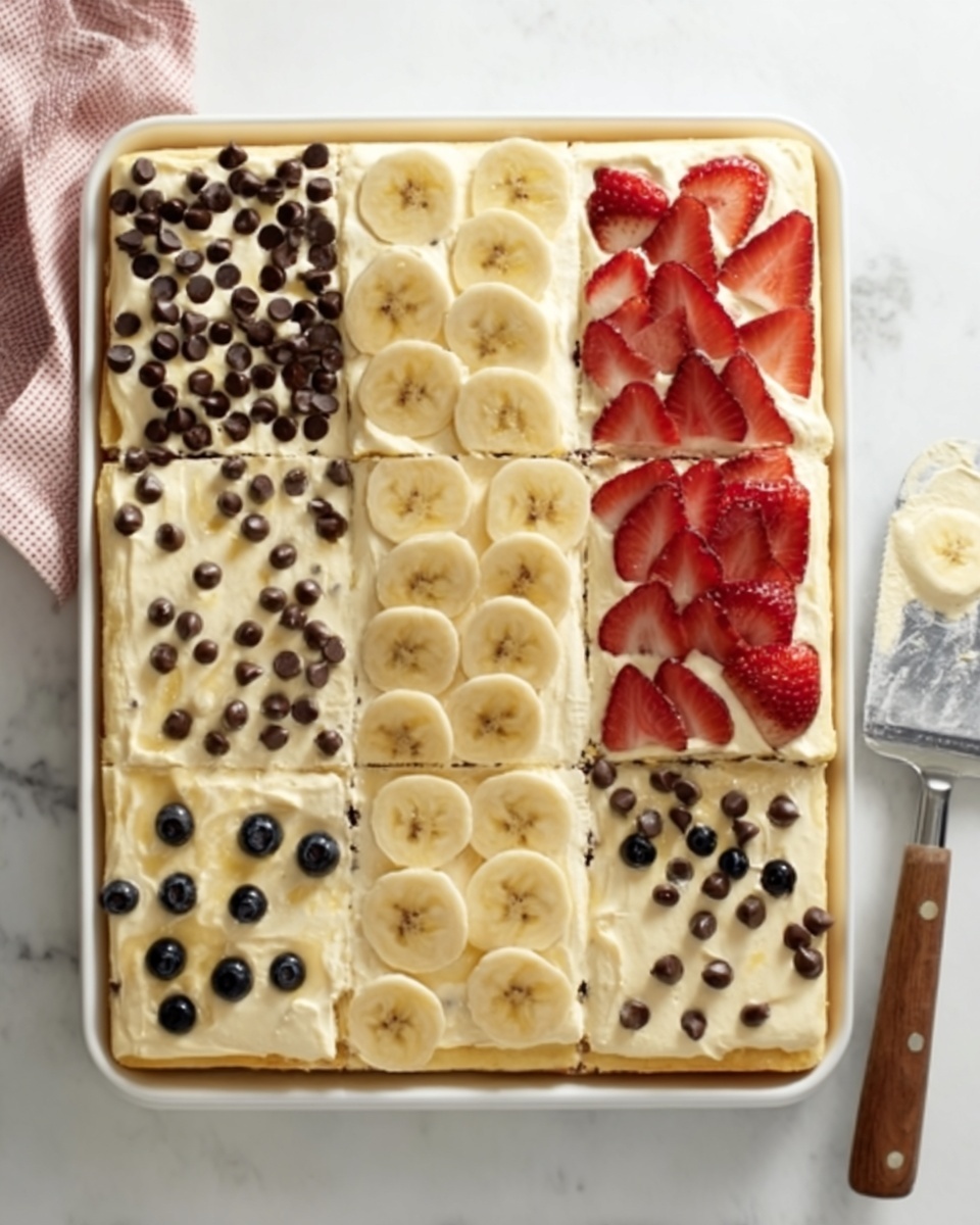 Three square pieces of light yellow cake are placed on a white plate. The top piece has whole dark blueberries spread evenly on its surface, the right piece is decorated with round dark brown chocolate chips, and the bottom piece has slices of red strawberries embedded on top. Next to the plate are three silver forks, and behind it, there is a rectangular metal pan filled with light yellow cake topped with round banana slices arranged in rows. A white small pitcher filled with dark syrup and a white bowl with red strawberries are also visible on a white marbled surface. Photo taken with an iphone --ar 4:5 --v 7