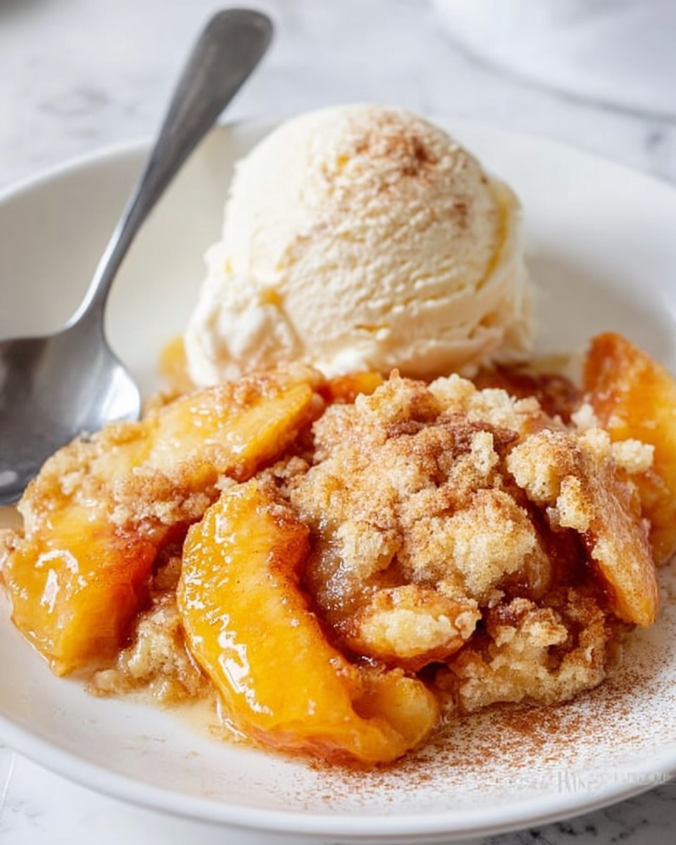 The image shows a white rectangular baking dish with teal handles, filled with a golden brown baked dessert. The top layer has uneven, raised patches of baked dough or batter with a slightly rough texture, dotted with soft pieces of fruit that look like peach slices. The dessert has a warm, caramelized color with a mix of light golden and darker brown spots. The dish sits on a white marbled surface. Photo taken with an iphone --ar 4:5 --v 7