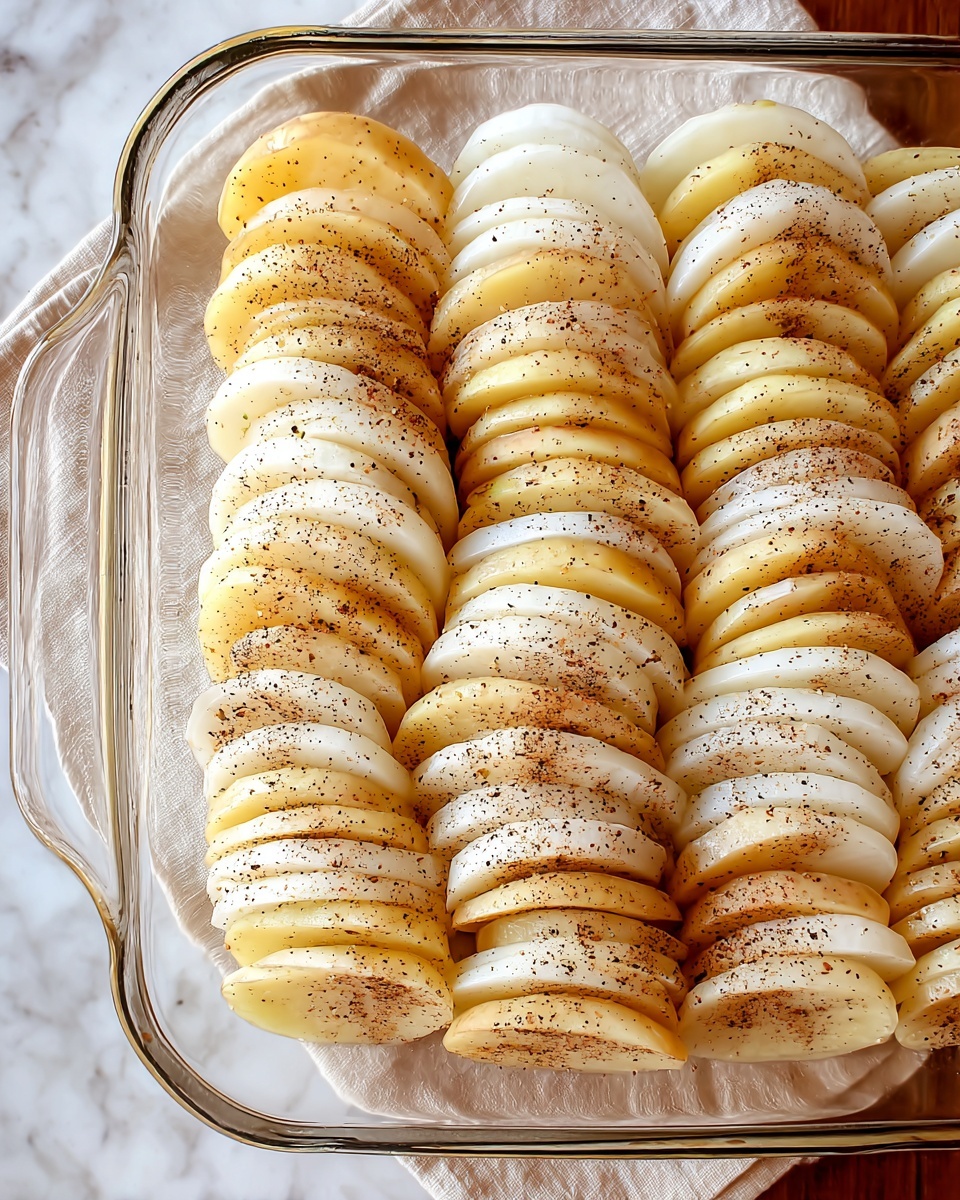 A clear glass dish holds neat rows of thinly sliced potatoes and white onions, arranged in an alternating pattern. There are around three stacks, each with light yellow potato slices and white onion slices layered evenly from one side to the other. The layered slices are sprinkled with black pepper, adding specks across the smooth surfaces. The background shows a white marbled table, and a light beige napkin is partly visible under the dish. The overall look is clean, simple, and ready for baking. photo taken with an iphone --ar 4:5 --v 7