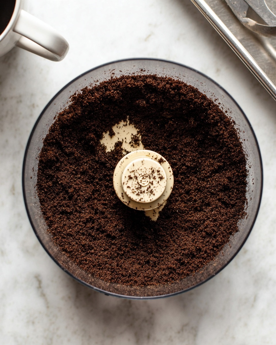 Inside a clear round food processor bowl, there is one single dark brown layer of finely crushed crumbly mixture, evenly spread out at the bottom around the white center blade. The texture looks coarse with small crumbs scattered smoothly. The bowl sits on a white marbled surface with a white spatula handle visible at the left edge and a metal pan corner at the upper right corner. Photo taken with an iphone --ar 4:5 --v 7