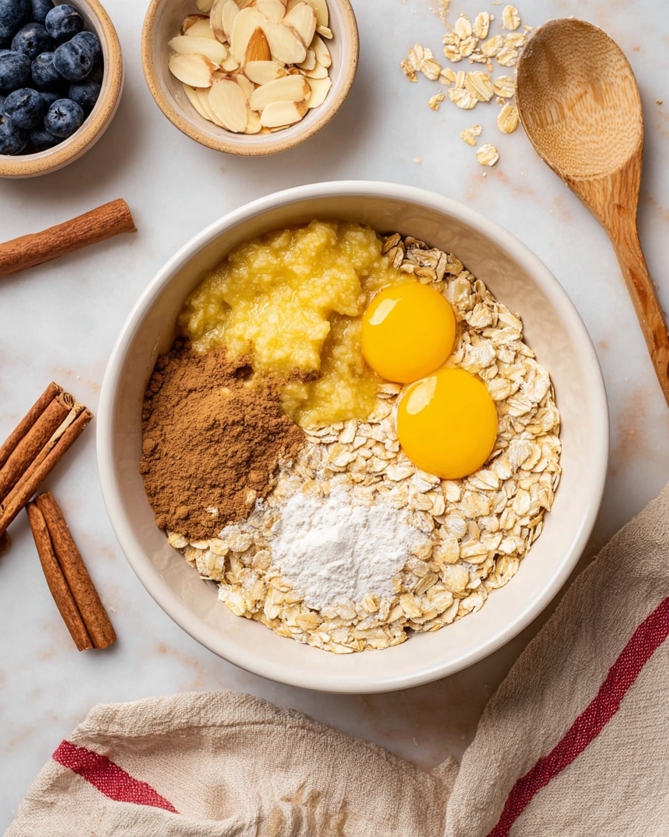 A white bowl sits on a white marbled surface filled with layers of ingredients, starting with light beige rolled oats spread evenly at the bottom. On top of the oats, there are two bright yellow raw egg yolks on the right side, a pile of mashed banana in soft yellow on the left, a brown cinnamon powder layer above the banana, and a white powder (likely baking powder) next to the cinnamon. The ingredients are separated in sections but close to each other, giving a clear view of different textures from smooth mashed banana to dry powders and raw eggs. Around the bowl are small dishes with sliced almonds and blueberries, a wooden spoon, cinnamon sticks, and a beige cloth with red and black stripes. Photo taken with an iphone --ar 4:5 --v 7