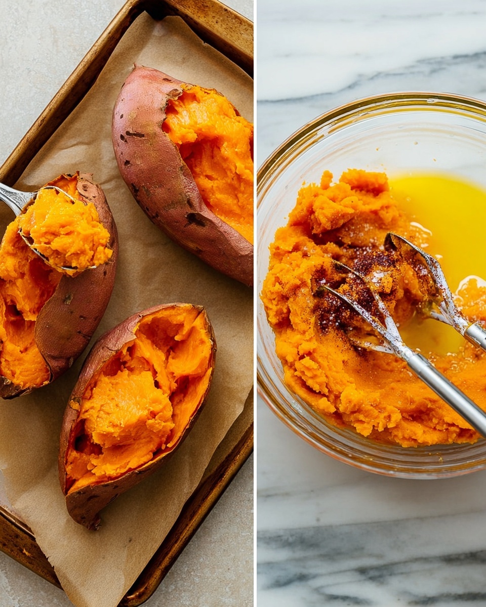 The image shows two parts: on the left, there are three roasted sweet potatoes on brown parchment paper on a metal tray, two are whole and one is open with a silver spoon scooping the bright orange soft inside; on the right, a clear bowl sits on a white marbled surface filled with mashed bright orange sweet potato, melted yellow butter, and a sprinkle of dark brown spice, with a hand mixer partially visible mixing the contents. photo taken with an iphone --ar 4:5 --v 7
