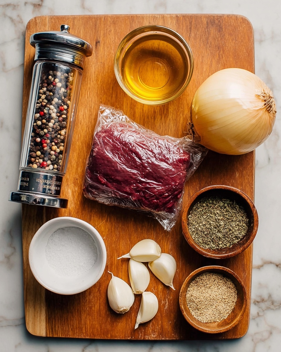 A wooden board on a white marbled surface holds a vacuum-sealed dark red piece of meat in the center left. To the left of the meat is a clear pepper grinder with mixed peppercorns inside. Above the meat are two glass bowls, one filled with a golden yellow liquid and the other with a brownish liquid. To the right of these is a whole pale yellow onion. Below the bowls and onion, a small white bowl contains coarse white salt. Nearby, six peeled garlic cloves rest directly on the board. At the bottom right, a small wooden bowl contains three herbs and spices in separate sections: green dried parsley, a beige powder, and a dark dried herb. photo taken with an iphone --ar 4:5 --v 7