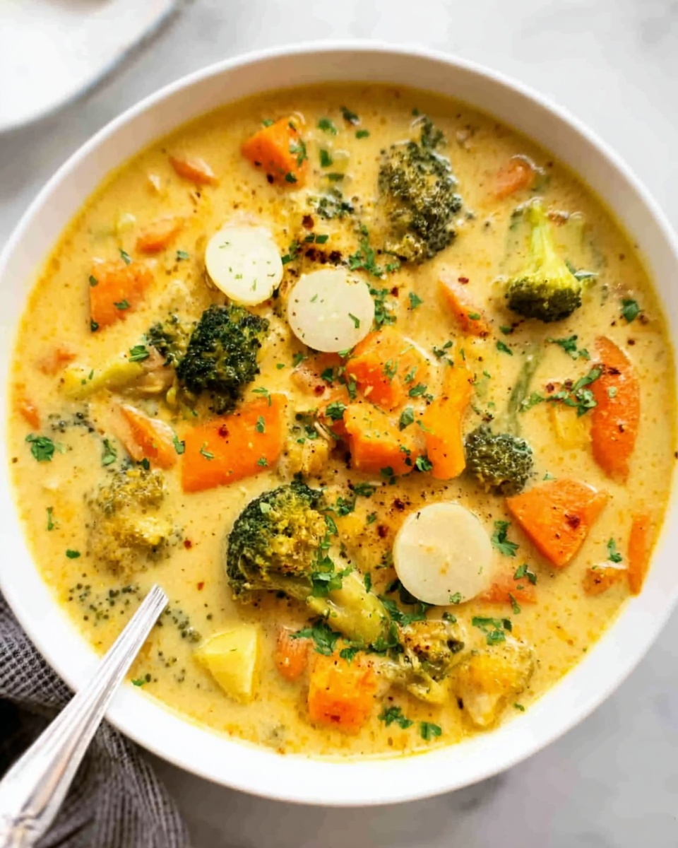 A white bowl filled with creamy vegetable soup showing visible layers of chunky orange carrot slices, green broccoli florets, yellow corn kernels, and pale potato pieces, all mixed in a light golden broth with specks of black pepper and herbs throughout. At the top left center of the soup is a small pile of shredded bright orange cheese, garnished with finely chopped green herbs, and five round white crackers lightly browned on top arranged neatly on the cheese. A silver spoon rests in the bottom edge of the bowl, which sits on a white marbled surface next to scattered crackers and a black and white striped cloth. Two white bowls containing red chili flakes and chopped green herbs sit in the top right background. photo taken with an iphone --ar 4:5 --v 7