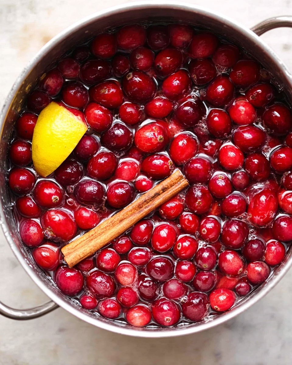 A top view of a round metal pot filled with many bright red cranberries floating in clear water, with a large cinnamon stick resting on the surface near the center, and a small yellow lemon wedge partially submerged among the cranberries on the left side, all placed on a white marbled surface. photo taken with an iphone --ar 4:5 --v 7
