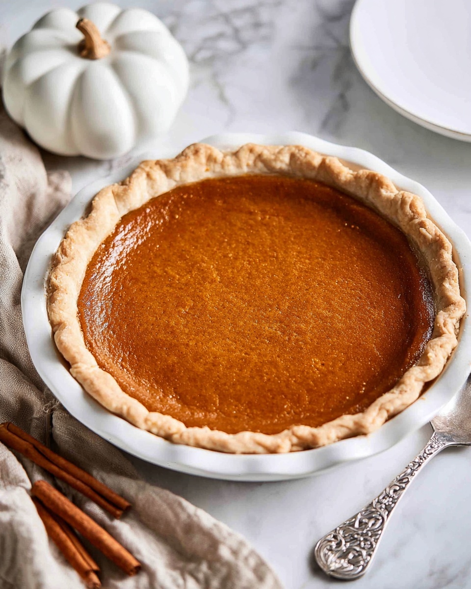 A close-up view of a smooth, single-layer pumpkin pie with a rich orange-brown filling set inside a lightly browned, flaky crust with crimped edges, all placed in a white ceramic pie dish. The pie rests on a white marbled surface next to two cinnamon sticks, a beige cloth napkin, and a silver serving utensil with cut-out designs. In the background, a white ceramic pumpkin-shaped decoration and a white plate with a spoon are partially visible. Photo taken with an iphone --ar 4:5 --v 7