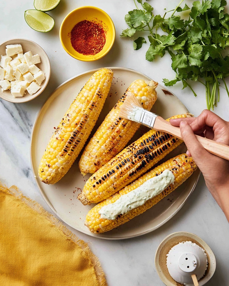 The image shows four grilled corn ears with light char marks, placed next to each other on a white plate. Above the plate, there is a light green bowl with white creamy sauce and a light green spatula resting inside. To the left, there is another light green bowl filled with white crumbly cheese. Above it, a small white bowl contains red chili powder. Below the bowls, there is a lime cut in half, and next to it, a lime juicer with a halved lime on it. At the bottom, a bunch of fresh green cilantro leaves spread on the white marbled surface. A yellow textured cloth is on the top right corner of the image. Photo taken with an iphone --ar 4:5 --v 7