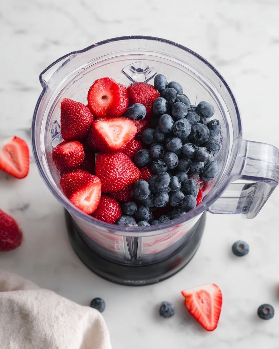 The image shows a clear blender jar filled with fresh fruits on top of a white marbled surface. At the bottom layer inside the blender are bright red strawberries, some whole and some cut in half, with a smooth texture and small seeds on their skin. On top of the strawberries is a layer of deep blue, round blueberries with a matte finish. Outside the blender on the surface, there are a few scattered blueberries and a single halved strawberry placed near the jar. The scene also includes a white cloth folded softly on one side. Photo taken with an iphone --ar 4:5 --v 7