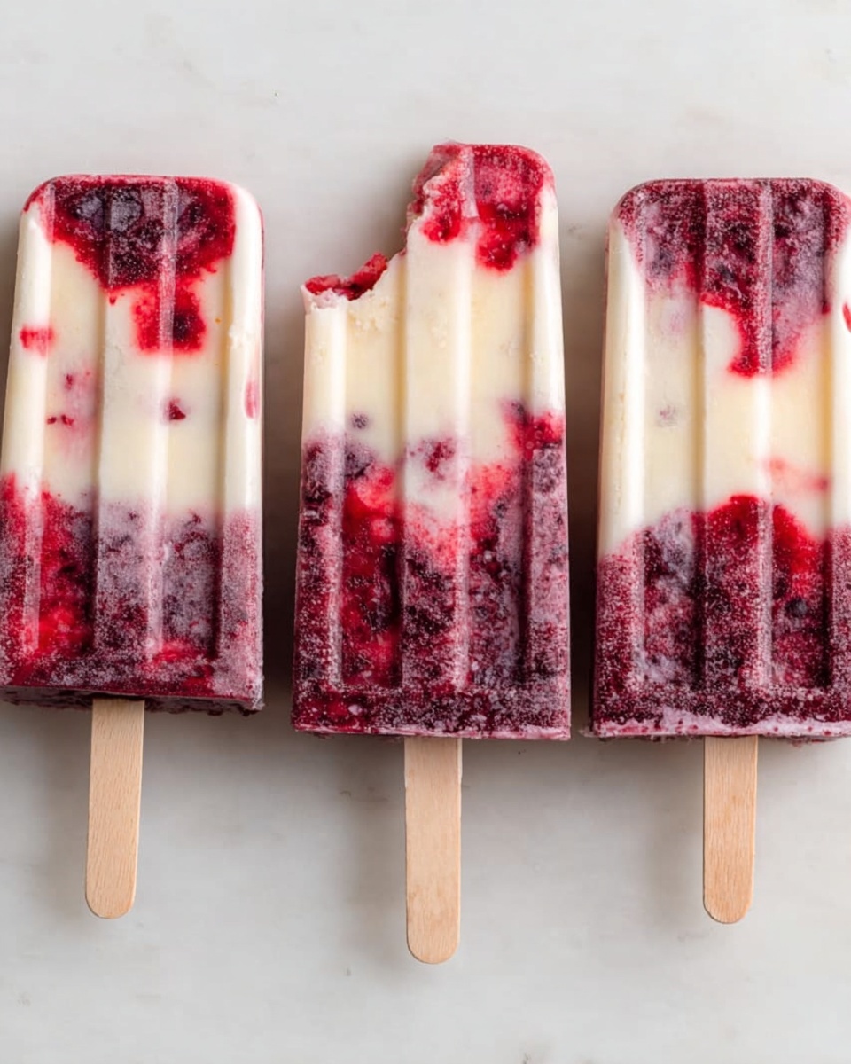 A popsicle with three thick layers alternating between creamy white and deep purple. The purple layers have a textured look, showing bits of fruit inside. The popsicle is being pulled out of a silver metal mold, held by a wooden stick that is light brown. It is set against a white marbled surface, with a blurred bowl of strawberries and blueberries in the background. The colors are bright and the focus is sharp on the popsicle's layers. photo taken with an iphone --ar 4:5 --v 7