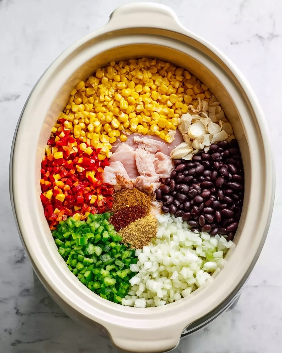 The image shows a white slow cooker filled with seven distinct layers of ingredients, each neatly placed next to each other forming a circle. Starting from the top and moving clockwise, there is a bright yellow layer of corn kernels; next is a small section of red diced peppers; then a raw chicken piece with a pale pink color; followed by a large area of finely chopped green bell peppers; next is a layer of chopped white onions; beside it is a layer of finely minced garlic; and finally, a section filled with dark black beans. In the middle of these edge layers lies a small pile of brown spices. The overall look is colorful and organized, set against a white marbled surface. Photo taken with an iphone --ar 4:5 --v 7
