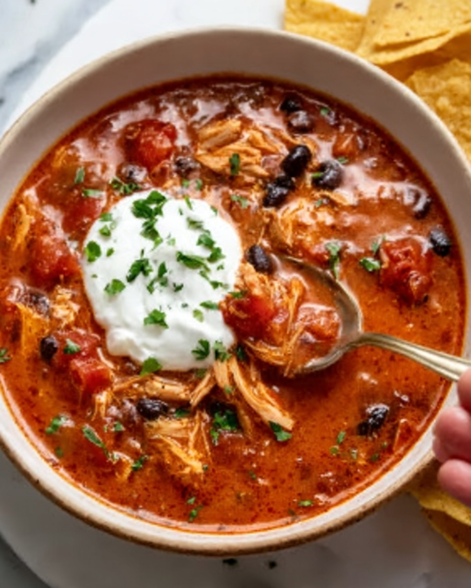 A white bowl filled with a thick tomato-based stew, showing visible layers of shredded chicken, black beans, and diced tomatoes in a rich reddish-orange sauce. On top, there is a dollop of white sour cream with small green herbs sprinkled over it. A woman's hand holding a spoon is dipping into the stew from the right side of the bowl. The bowl is set on a white marbled surface, with some light-colored tortilla chips on the top right side. photo taken with an iphone --ar 4:5 --v 7