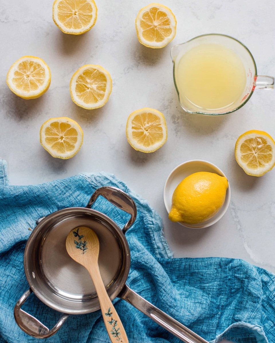 The image shows a cooking scene with nine hollowed-out lemon halves scattered on a white marbled surface. A glass measuring cup filled halfway with pale yellow lemon juice is placed near the top right. At the center-right, a small white bowl holds one whole lemon. On the bottom left, a silver saucepan with two handles is open, and a wooden spoon with a plant design rests inside it. The saucepan is set on a crumpled blue cloth, adding a pop of color to the scene. photo taken with an iphone --ar 4:5 --v 7