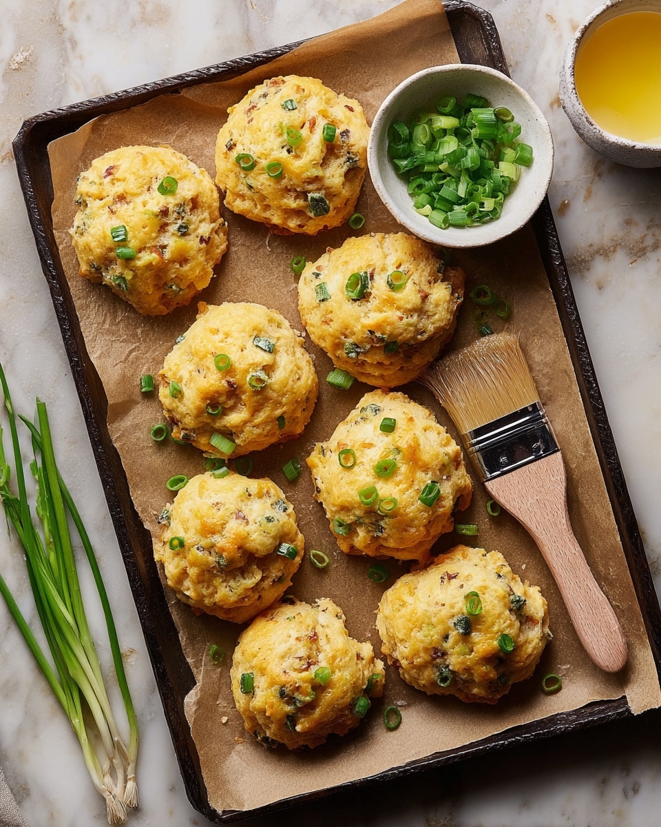 The image shows a pile of round, golden-brown savory scones topped with small green chopped scallions. Each scone has a rough, textured surface with visible bits of browned meat and melted cheese mixed into the dough, giving them a slightly bumpy look. They are arranged closely together on crinkled brown parchment paper, with a small white bowl filled with more chopped scallions placed among them. The background is a white marbled texture. photo taken with an iphone --ar 4:5 --v 7