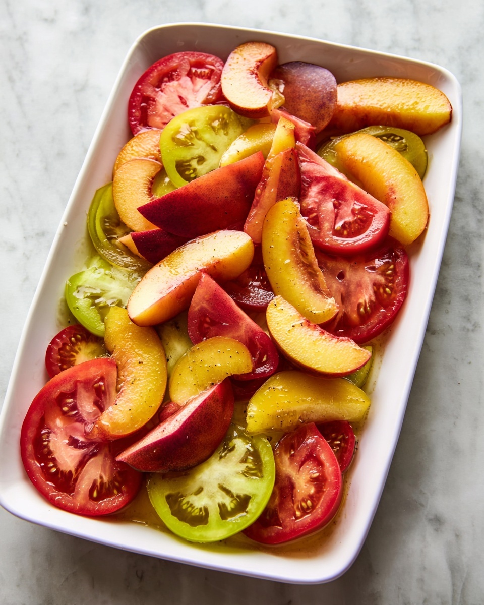 A white rectangular dish filled with sliced colorful tomatoes and peach wedges. The bottom layer is made of round tomato slices in shades of red, green, and yellow, showing their juicy, seedy texture. On top, there are many peach wedges with deep red skin and soft yellow flesh, placed randomly over the tomatoes. The dish is on a white marbled surface. Photo taken with an iphone --ar 4:5 --v 7