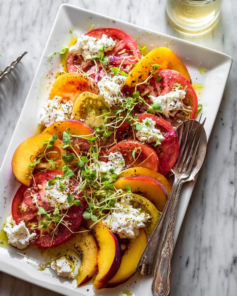 The dish is a colorful salad arranged in a white bowl on a white marbled surface. The bottom layer has thin slices of green and red tomatoes with visible seeds and soft texture. On top, there are several slices of red-skinned peach wedges with yellow inside, scattered evenly. Small dollops of white cottage cheese are placed over the peach slices, adding a creamy texture. Tiny green microgreens are sprinkled throughout the salad, giving a fresh look. The whole dish is lightly sprinkled with black pepper and a drizzle of honey shining on the cheese. Photo taken with an iphone --ar 4:5 --v 7