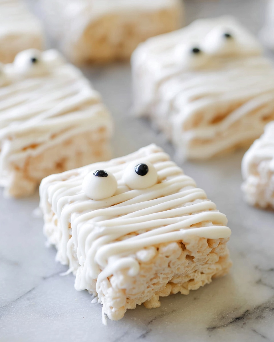 The image shows several small square treats arranged on a white marbled surface. Each treat has visible layers that look like a light, crispy cereal or puffed rice base, coated with thick, smooth white icing that is drizzled in uneven lines all around, creating a textured outer layer. Two small round white candy pieces with black dots on top sit on each treat, resembling eyes, giving them a fun, mummy-like appearance. The overall color is creamy white with subtle shades of beige from the base visible through the icing. The focus is on the front treat with others blurred softly in the background, creating depth in the image photo taken with an iphone --ar 4:5 --v 7