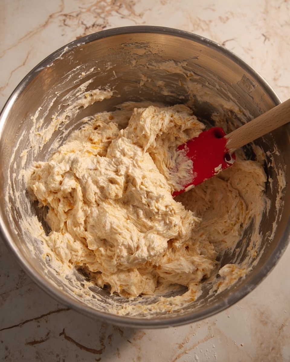 A large shiny metal mixing bowl holds a thick, creamy mixture with a light beige color and a slightly chunky texture, showing bits of a yellowish ingredient mixed in throughout. A red and wooden spatula rests inside the bowl on the right side, partially covered with the mixture. The inside of the bowl has smears of the creamy mix clinging to its smooth surface. The background has a white marbled texture. photo taken with an iphone --ar 4:5 --v 7