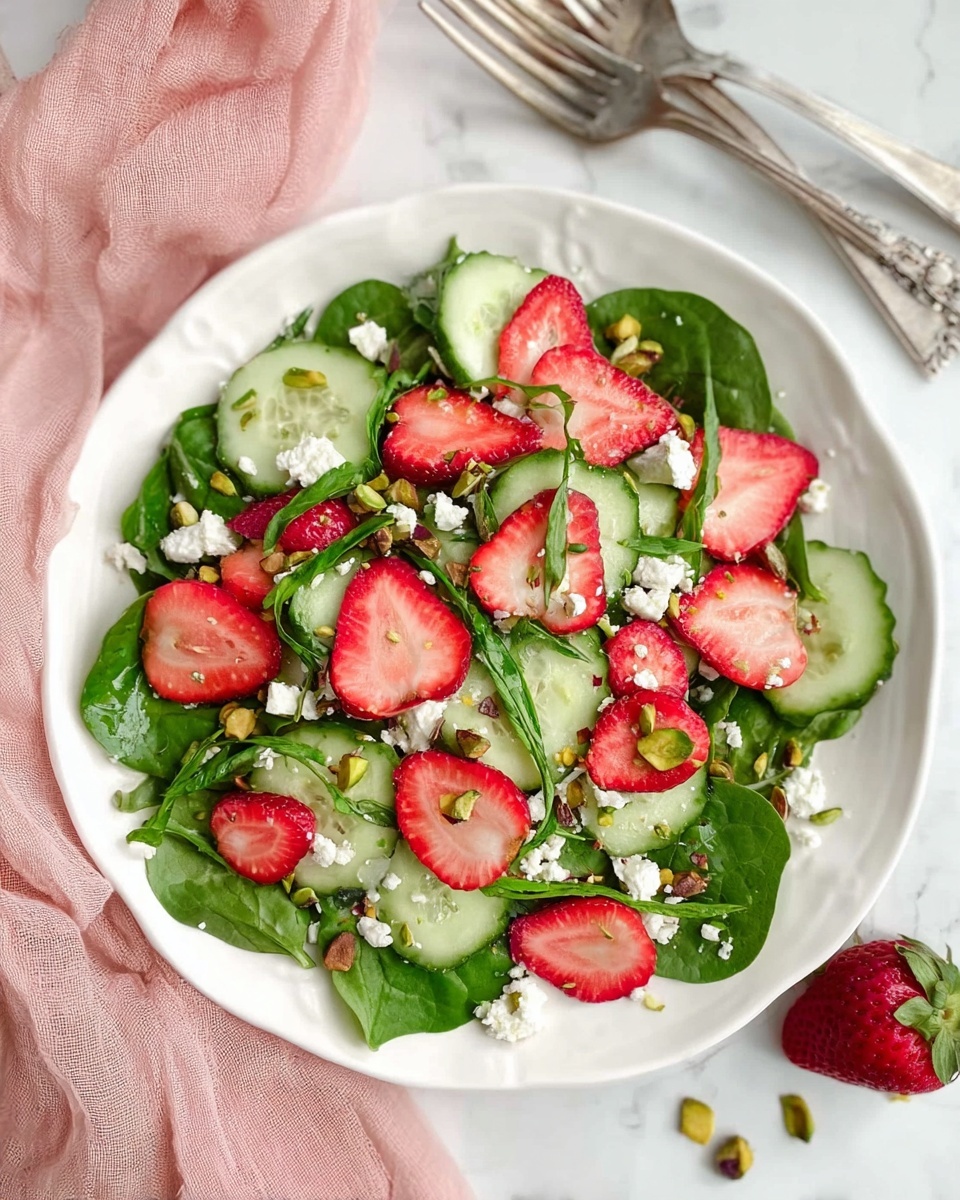 A white shell-shaped plate holds a colorful salad with three visible layers: the bottom layer has bright green cucumber slices arranged in a circular pattern, the middle layer consists of red strawberry halves scattered evenly, and the top layer is sprinkled with white crumbled cheese and fresh green mint leaves. The textures range from smooth cucumber skin, juicy strawberry flesh, to crumbly cheese bits, all on a white marbled surface. photo taken with an iphone --ar 4:5 --v 7