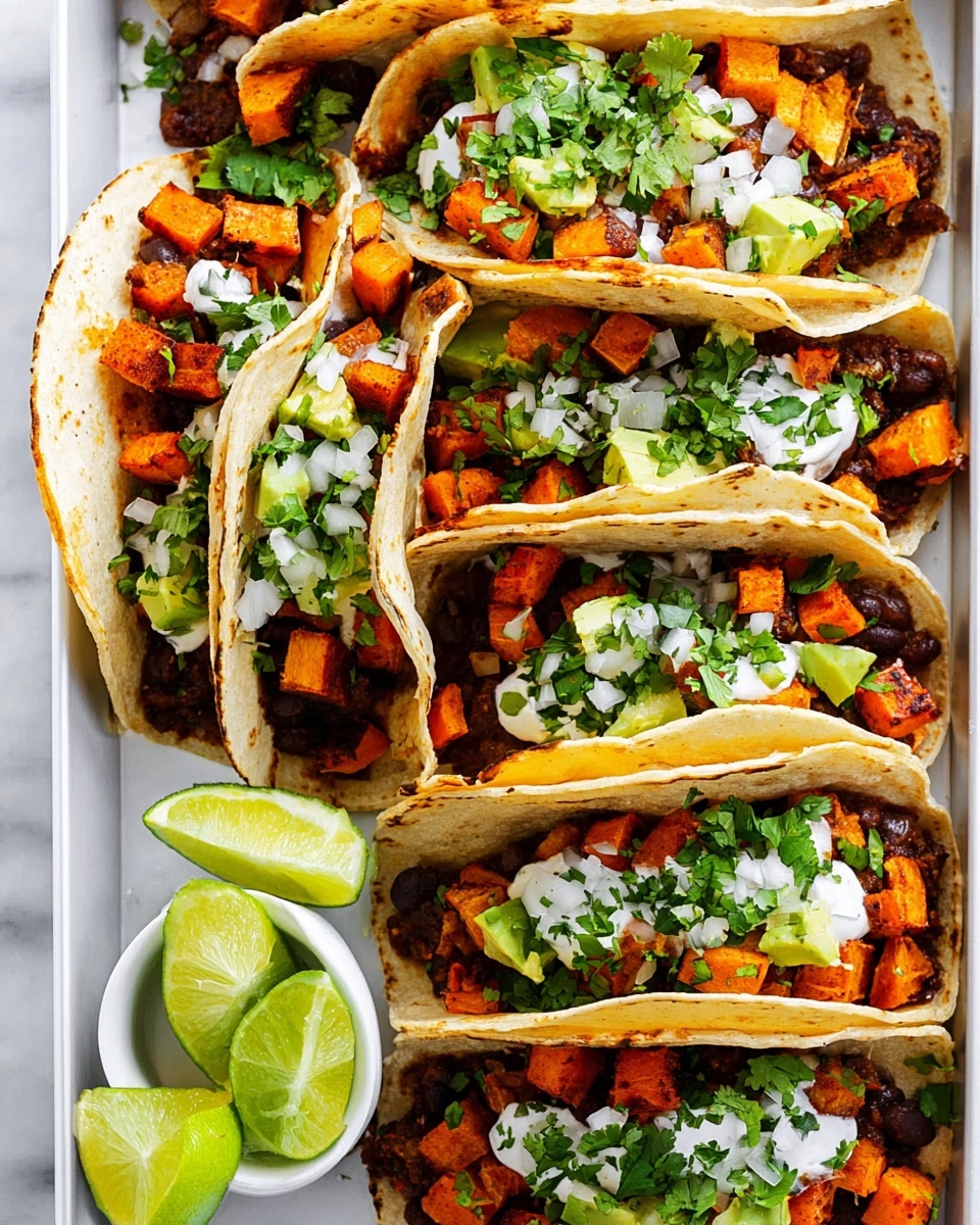 The image shows eight tacos arranged closely on a white tray with a white marbled background. Each taco has three layers starting with a soft, lightly toasted tortilla shell as the base, followed by a dark brown layer of refried beans spread inside. On top, there are small cubes of orange roasted sweet potatoes, topped with a dollop of white sauce, small pieces of avocado, finely chopped white onions, and green chopped fresh cilantro scattered over all. In the bottom left corner of the tray, a small white bowl holds three lime wedges. photo taken with an iphone --ar 4:5 --v 7