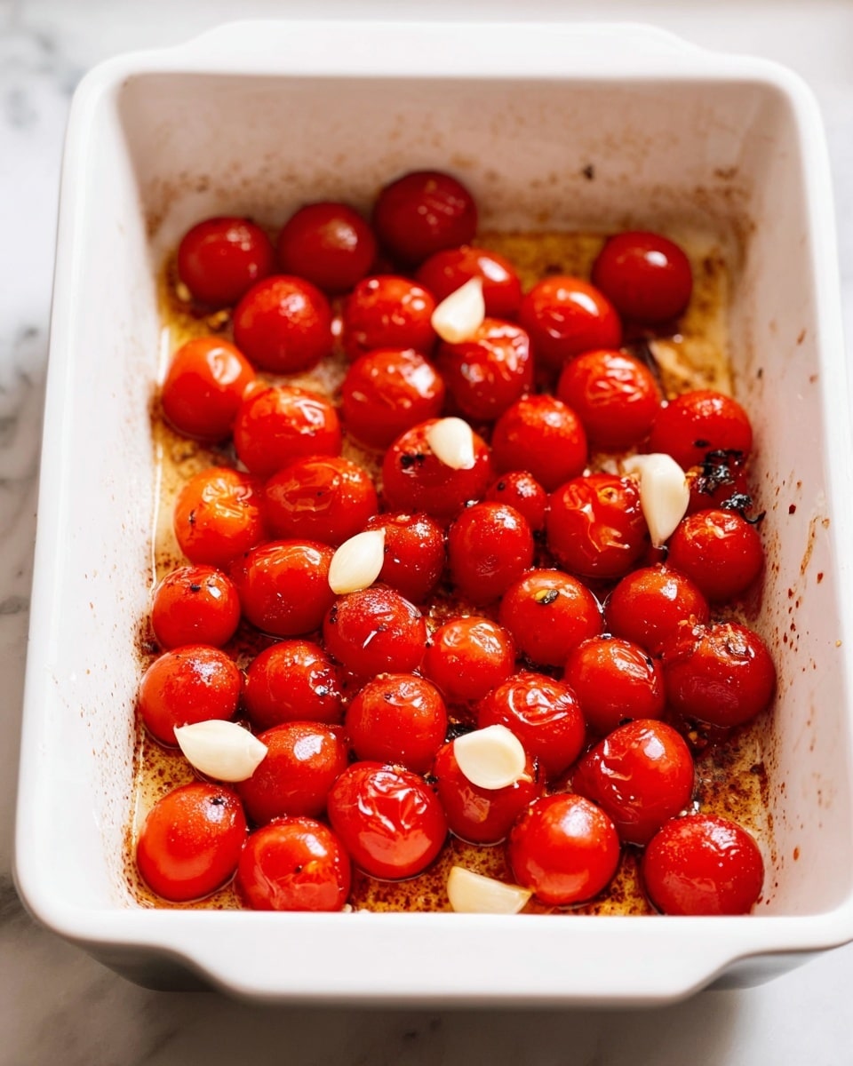 Inside a white baking dish, there are many bright red cherry tomatoes spread out in a single layer. Among the tomatoes, a few pieces of light beige garlic cloves are scattered. The bottom of the dish shows some golden brown cooking juices and small cooked bits, giving the scene a warm look. The tomatoes have a shiny, slightly oily surface, making them look fresh and ready to be cooked. The dish sits on a white marbled surface. photo taken with an iphone --ar 4:5 --v 7