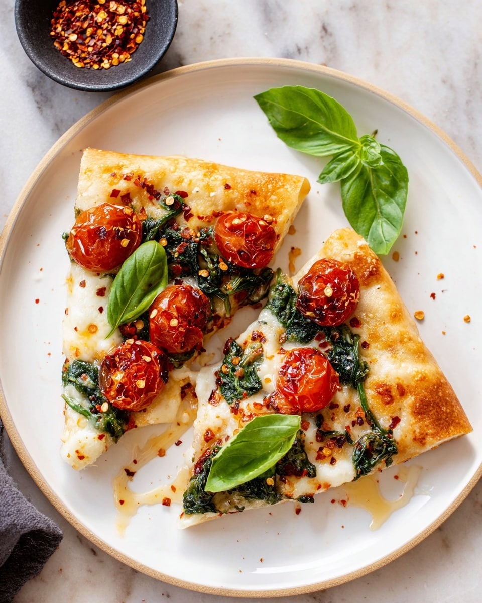 Two thin slices of pizza are on a white plate, placed side by side with points facing down. The pizza crust is golden brown and slightly puffy at the edges. The first layer consists of melted white cheese that covers the crust unevenly. On top of the cheese are wilted dark green spinach leaves and whole roasted bright red cherry tomatoes that add a juicy, shiny texture. Scattered red chili flakes add a speckled touch over the pizza. Fresh, bright green basil leaves are placed on top, adding a fresh contrast. The plate sits on a white marbled surface with a small black bowl of chili flakes nearby and a few basil leaves on the side. Photo taken with an iphone --ar 4:5 --v 7