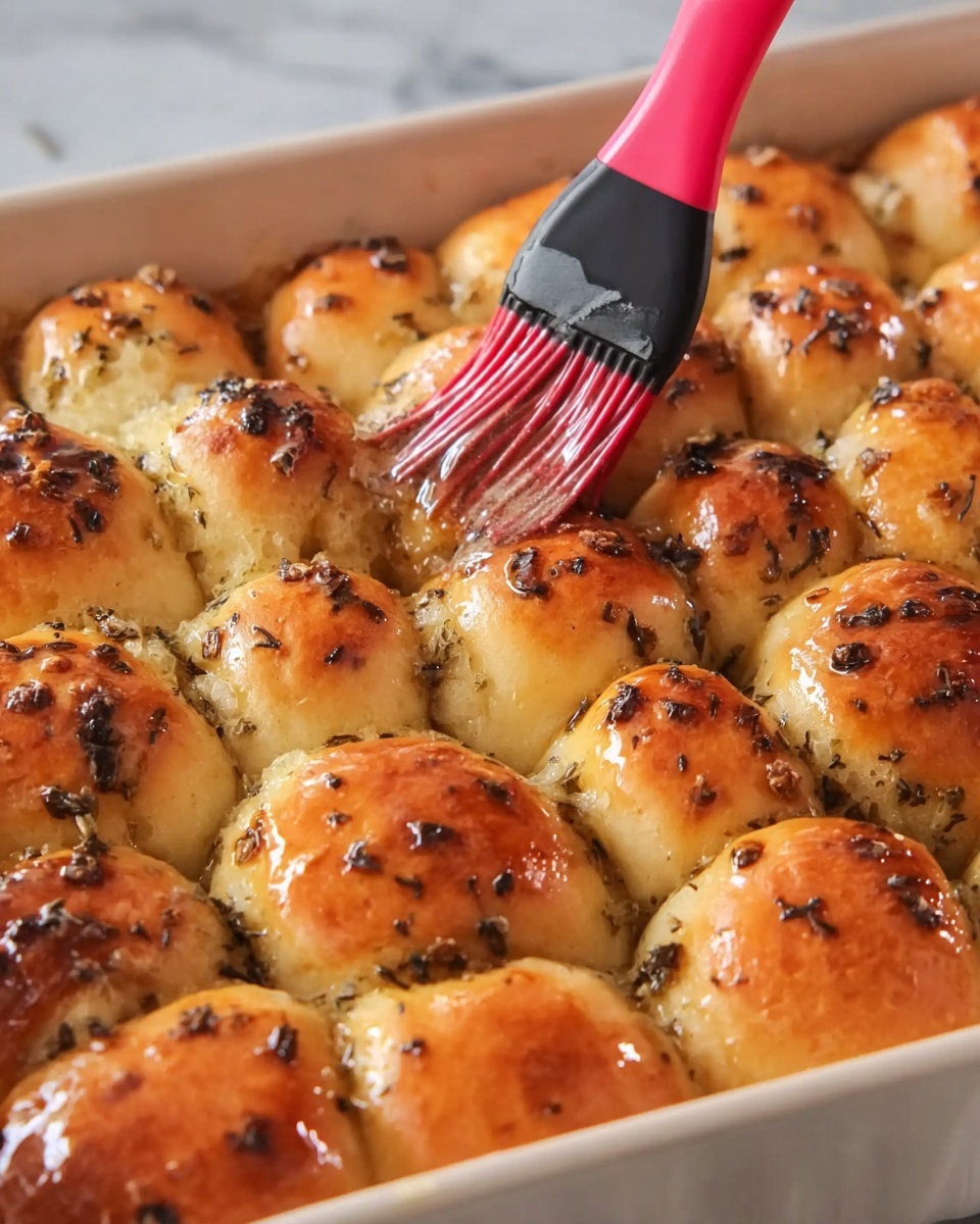 Close-up view of many small golden brown rolls with dark herb bits baked closely together in a white rectangular baking dish. A woman's hand holds a red and black brush gently spreading shiny glaze on the top layer of the soft, puffy rolls. The rolls have a slightly uneven surface with a mix of smooth, shiny areas from the glaze and rougher textured spots with scattered dark herbs. The background surface is a white marbled texture. photo taken with an iphone --ar 4:5 --v 7