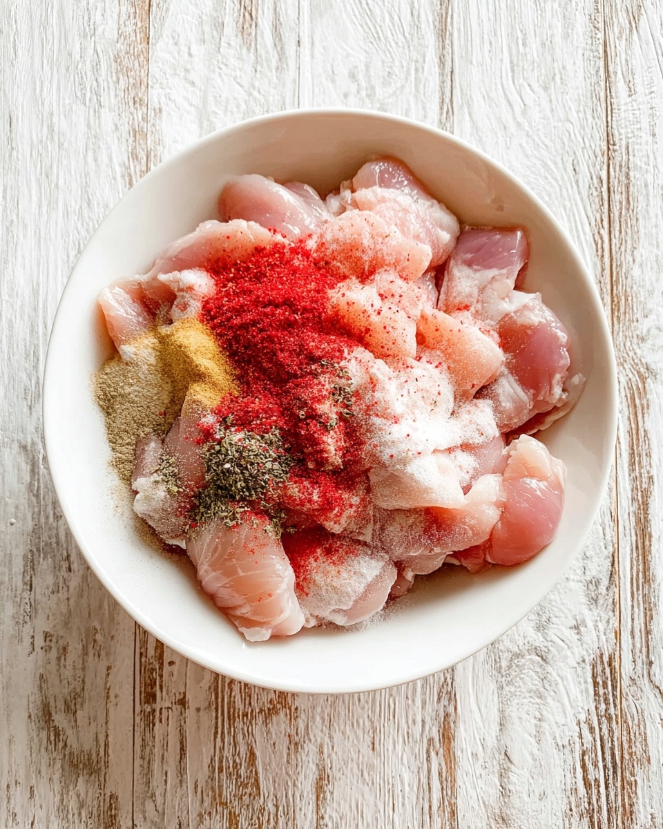 A white bowl filled with raw pink chicken pieces spread evenly with different powdered spices sprinkled on top, including a bright red powder, a light yellow powder, and black and white powders. The bowl is placed on a white marbled surface with faint wood grain patterns, showing a rustic and clean setting. photo taken with an iphone --ar 4:5 --v 7
