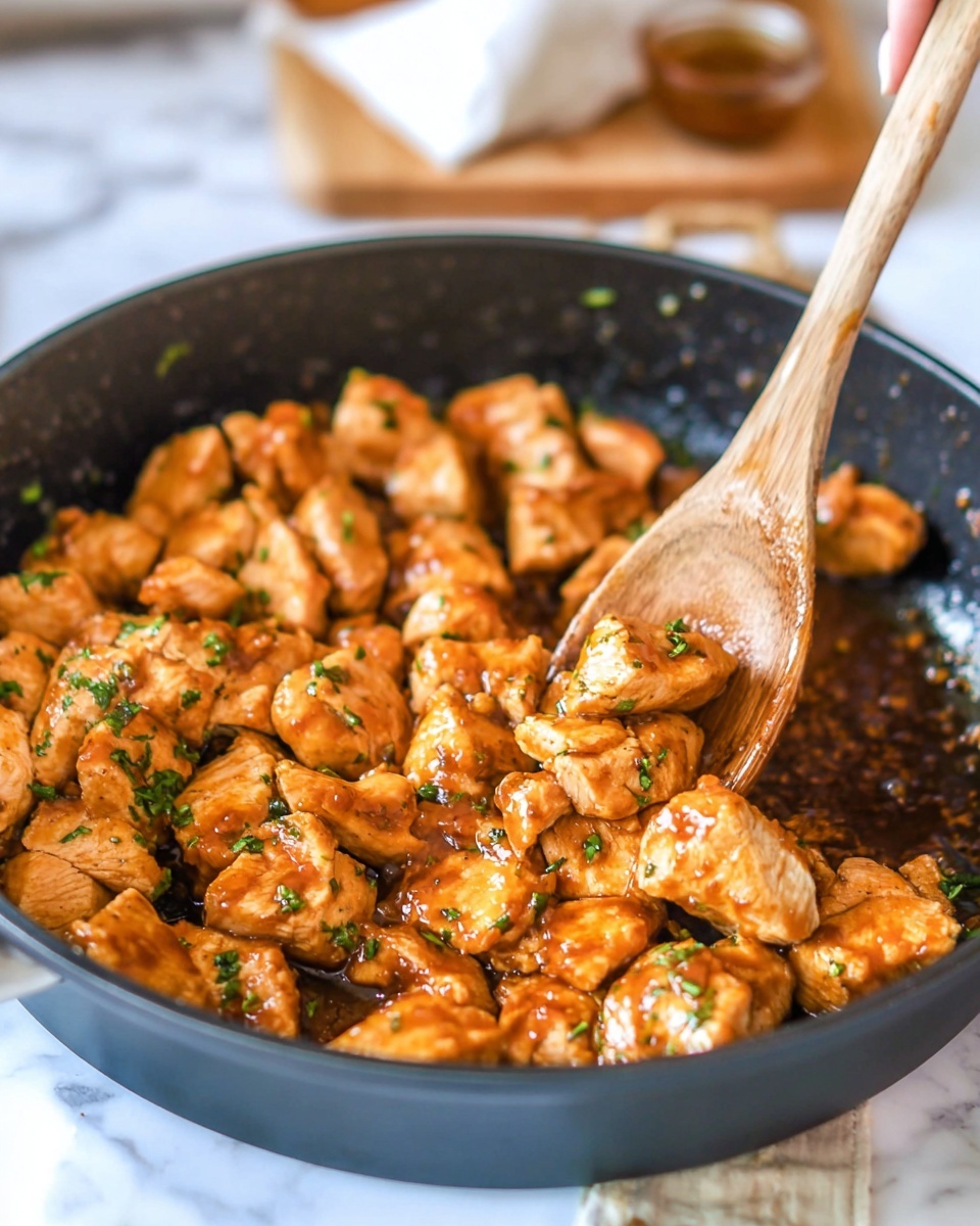 In a black pan, many small chunks of cooked chicken are shown, covered in a shiny orange-brown sauce with some green herb pieces sprinkled on top. A wooden spoon held by a woman's hand is picking up some chicken from the right side of the pan. The background features a white marbled surface with a blurred wooden board and sticky sauce in soft focus. The chicken pieces look tender and moist, and the sauce gives them a glossy texture photo taken with an iphone --ar 4:5 --v 7