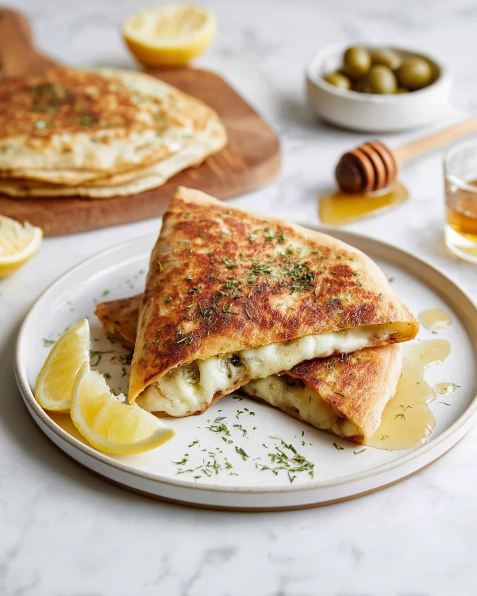 Two toasted folded flatbreads placed on a white round plate over a white marbled surface. The flatbreads have a golden brown crispy top layer with some green herbs sprinkled on them. The thicker middle layer is a soft, light cream-colored dough with visible fillings inside. Around the plate are small bright yellow lemon wedges and a wooden honey dipper with honey drizzling nearby. In the background, a second folded flatbread sits on a wooden board along with more lemon wedges and a white bowl filled with green olives. Photo taken with an iphone --ar 4:5 --v 7