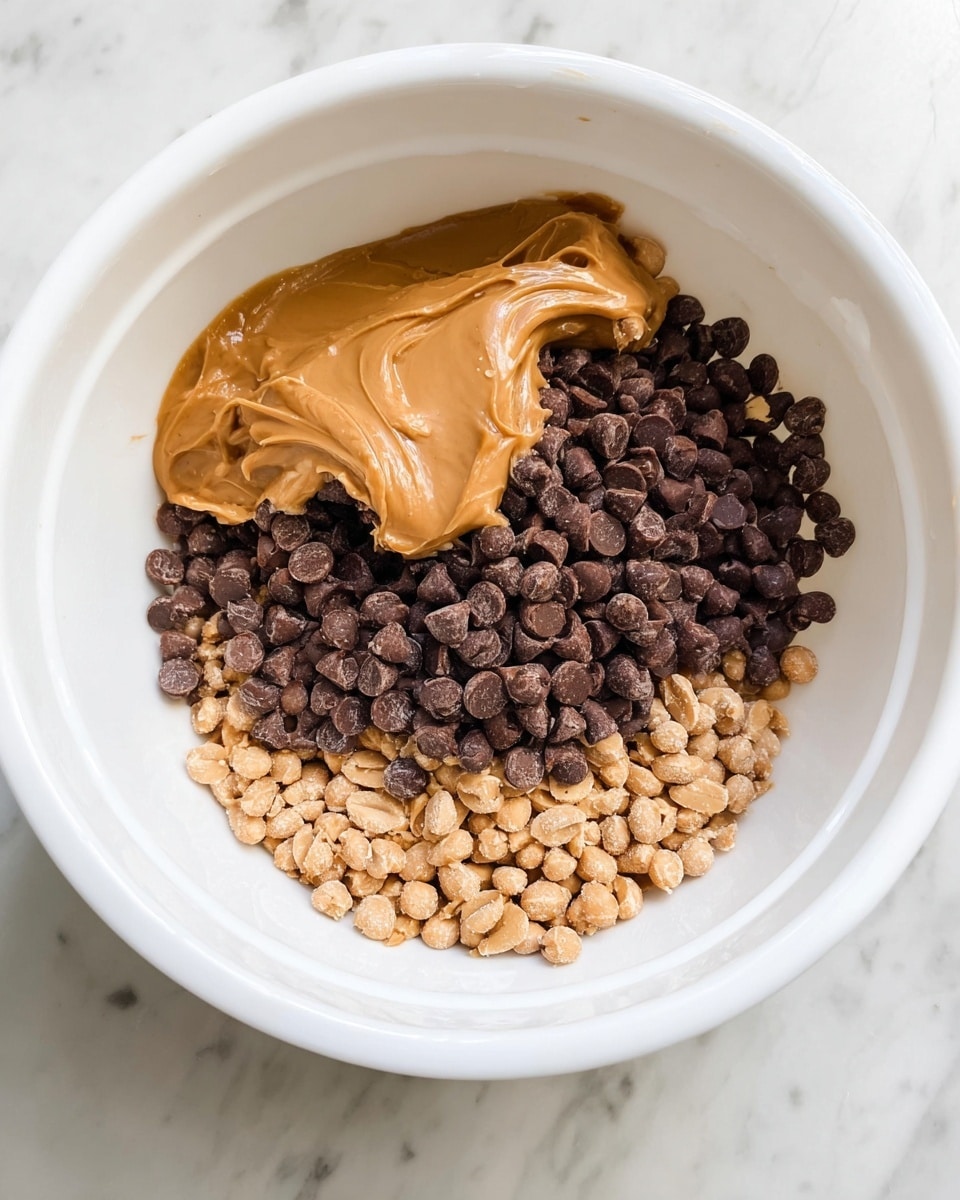 In a white bowl on a white marbled surface, there are three visible layers: the bottom layer is made of light brown, beige peanuts spread evenly across the bowl, the middle layer is a thick pile of small, dark brown chocolate chips sitting on top of the peanuts, and the top layer shows a smooth, creamy dollop of light brown peanut butter partially covering some of the chocolate chips, creating a shiny texture. photo taken with an iphone --ar 4:5 --v 7