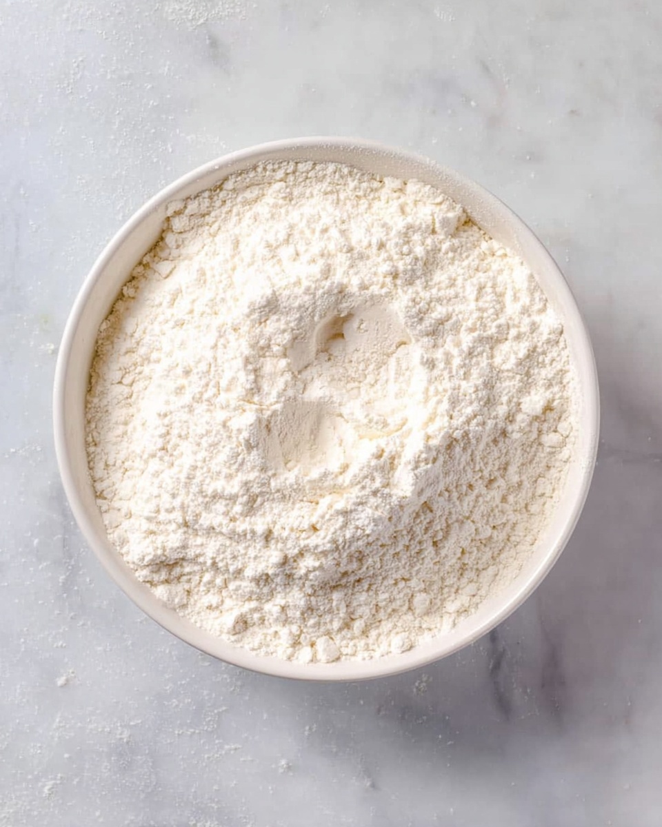 A white bowl filled with fine, white flour that has a soft, powdery texture. The flour is evenly spread across the bowl, and there are small finger indentations in the middle, showing slight variations in the surface. The bowl sits on a white marbled surface with light gray veins running through it, giving a clean and simple background. photo taken with an iphone --ar 4:5 --v 7