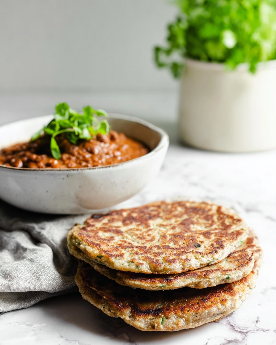 A stack of four flat, round pancakes sits in the foreground, showing a textured surface with brown and light beige patches and small green bits inside each pancake, indicating herbs or vegetables. The pancakes have a slightly crispy texture with uneven color spots from cooking. Behind the stack, there is a white bowl filled with a thick, reddish-brown stew or sauce topped with a small bunch of fresh green leafy herbs. The bowl rests on a white marbled surface with a light gray cloth underneath it. In the blurred background, there is a white pot holding a bunch of bright green parsley leaves. The overall scene has soft natural light and a clean, simple look. photo taken with an iphone --ar 4:5 --v 7