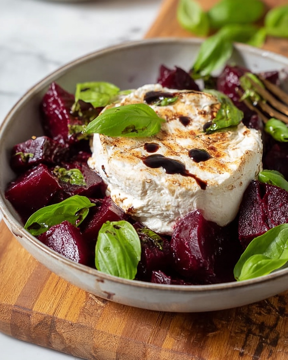The dish is served in a white bowl with a grayish tone, placed on a wooden cutting board. It consists of two main layers: cubed dark red beetroot pieces forming the base layer, and a large round of soft white cheese with some light brown grill marks on top in the center. Fresh bright green basil leaves are scattered around both the beetroot and cheese, adding a pop of color. Small drops of dark balsamic glaze dot the cheese and leaves. The bowl is set on a white marbled surface. Photo taken with an iphone --ar 4:5 --v 7