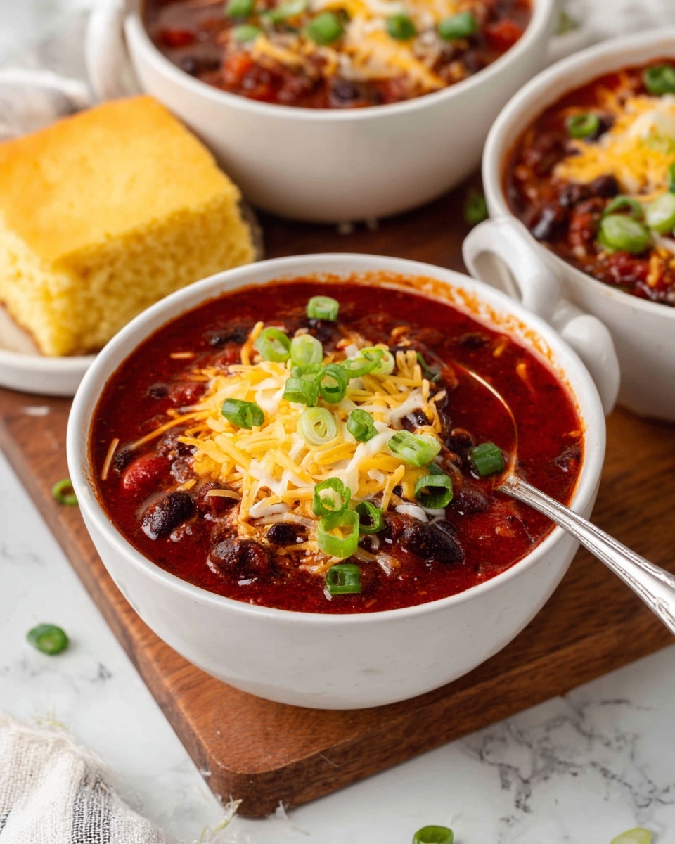 A white bowl filled with three layers: the bottom layer is dark red chili with visible chunks of tomatoes and black beans, the middle layer is a sprinkle of shredded yellow cheddar cheese, and the top layer is chopped green onions scattered over the cheese. A silver spoon rests inside the bowl on the right side. In the background, there is another white bowl of chili topped with melted cheese and green onions, along with a square piece of cornbread with melted butter on top, placed on a wooden board over a white marbled surface. Photo taken with an iphone --ar 4:5 --v 7