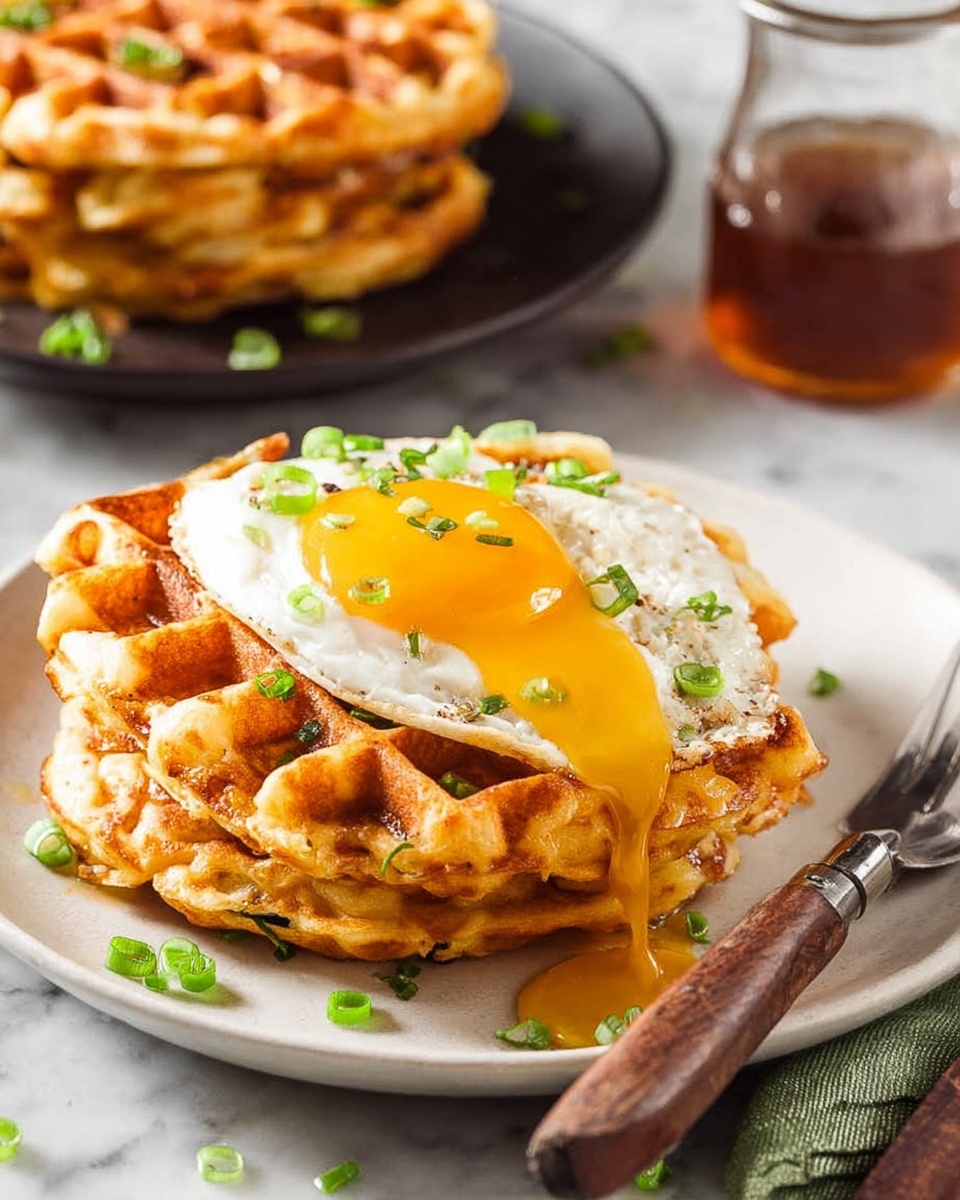 In the center, there is a white plate holding two golden-brown waffles stacked on top of each other, showing their crisp textured surface with deep square indentations. On top of the waffles rests a sunny-side-up fried egg with a bright yellow yolk that is breaking and flowing down the sides of the waffles. Small pieces of chopped green onions are scattered on the egg and waffles, adding a fresh green color. Around the plate, a few green onion pieces are spread on the white marbled surface. In the background, another stack of waffles is slightly blurred. To the side, a glass jar of amber syrup is visible, and a knife and fork with wooden handles lie near the plate. Photo taken with an iphone --ar 4:5 --v 7