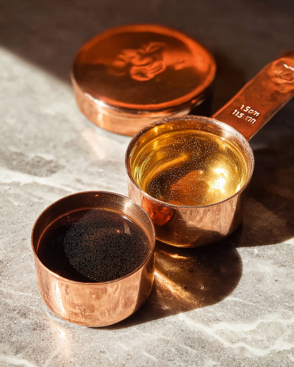 The image shows two small copper measuring cups placed on a white marbled surface, each filled with liquids. The larger cup on the right, marked 1/2 cup 118 ml, holds a clear, amber-colored liquid with small bubbles inside. The smaller cup in the front, marked 1/4 cup 59 ml, contains a dark brown liquid with a few light foam bubbles on the surface. The shiny copper cups reflect light warmly, creating bright highlights and deep shadows on the marbled surface. A round copper lid is partially visible in the background, also reflecting warm light. Photo taken with an iphone --ar 4:5 --v 7