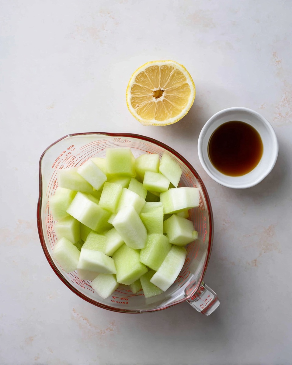 A clear glass measuring cup filled with cubes of light green and white melon sits at the bottom center of the image on a white marbled surface. Above and to the left of the cup, there is a half lemon with a yellow color showing its inner segments. To the right of the lemon, a small white bowl contains a small amount of dark brown liquid. The setup is simple and clean with soft, natural lighting. photo taken with an iphone --ar 4:5 --v 7