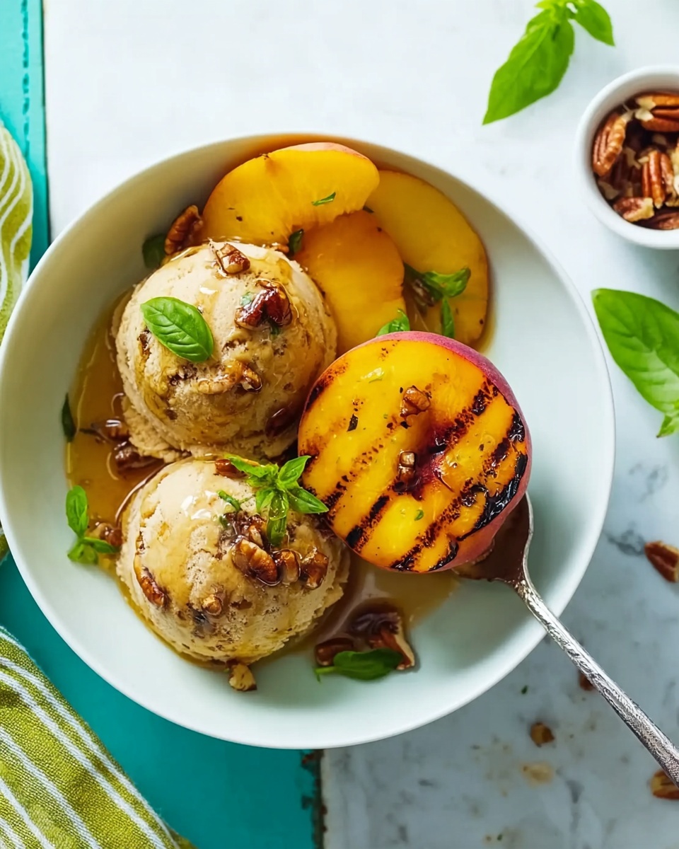 The image shows seven grilled peach halves arranged on a round wooden board, each peach marked with dark grill lines and displaying a juicy orange-yellow flesh. Small sprigs of green herbs are scattered on top of the peaches, adding a fresh contrast. A woman's hand holds a wooden honey dipper dripping golden honey onto one peach in the middle, creating a shiny, sticky surface. The texture of the peach skin is smooth and reddish with a reddish-yellow gradient near the edges. The background is softly blurred with warm tones, highlighting the peaches in the foreground photo taken with an iphone --ar 4:5 --v 7