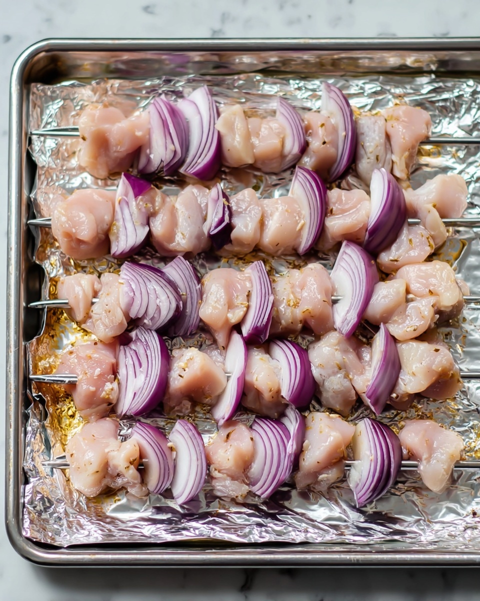 There are eight metal skewers with raw chicken pieces and purple onion slices on them, arranged in a row on a shiny foil-covered tray. Each skewer is packed with small, light pink chicken chunks separated by thick wedges of purple onion with white inside edges. The foil underneath is crinkled and shiny, and the tray sits on a white marbled surface. The colors are mainly light pink from the chicken and purplish-red from the onion, with the metal skewers adding a slight silver shine. Photo taken with an iphone --ar 4:5 --v 7