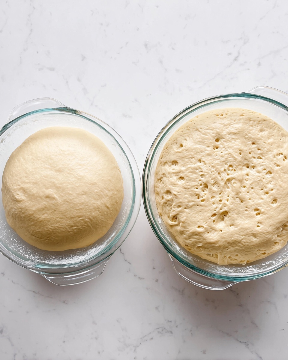 The image shows two clear glass bowls with dough inside, placed side by side on a white marbled surface. The left bowl holds a single layer of smooth, light beige dough with a firm texture that slightly sticks to the sides of the bowl. The right bowl contains the same dough but it is much larger, puffy, and filled with air bubbles, showing it has risen well, filling almost the entire bowl with a soft, airy surface. Both bowls have visible handles and are centered in the frame. Photo taken with an iphone --ar 4:5 --v 7