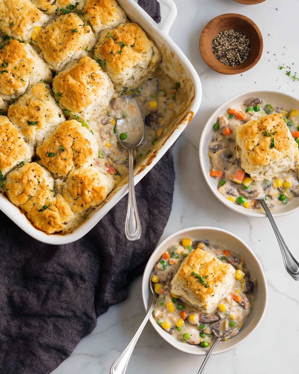 A white baking dish filled with a layered pot pie, topped with golden brown, puffed biscuit dough pieces scattered with small green herb leaves; beneath the biscuit layer, a creamy mixture shows bright green peas, orange carrot bits, yellow corn, and small brown mushrooms mixed with chunks of light-colored meat. Two white bowls each hold a square serving of the pot pie, showing layers of creamy filling and biscuit on top, with silver spoons resting inside. The whole setup sits on a white marbled surface with a dark cloth partially under the baking dish and a small brown bowl of ground black pepper nearby, all softly lit. Photo taken with an iphone --ar 4:5 --v 7