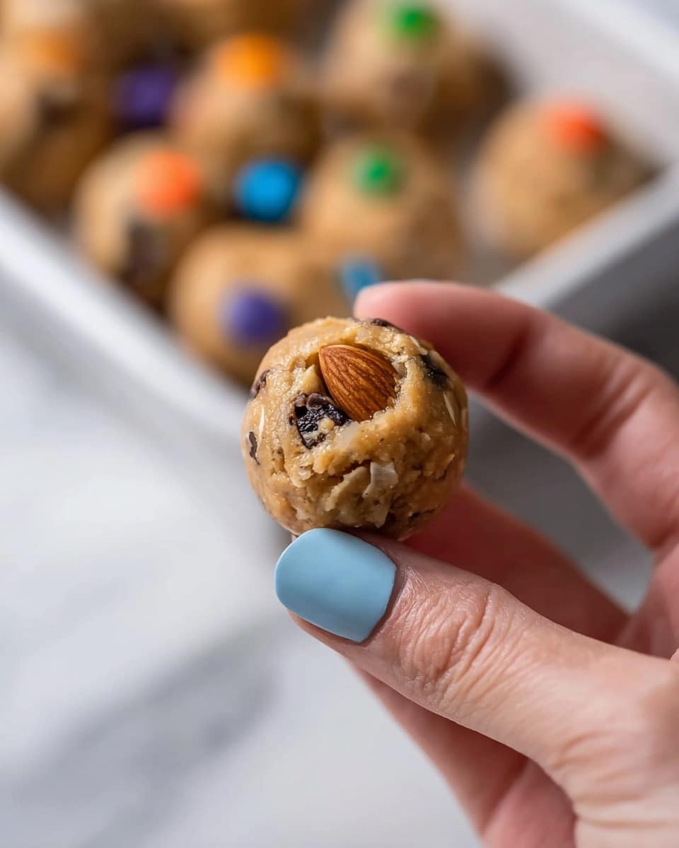 A close-up of a small round ball of cookie dough held between the thumb and index finger of a woman's hand with light blue nail polish. The dough ball is light brown with visible small chunks of oatmeal and dark chocolate chips inside, topped with one almond on the surface. In the background, there is a blurred white tray filled with similar dough balls, some topped with small colorful candy pieces, all set on a white marbled surface. photo taken with an iphone --ar 4:5 --v 7