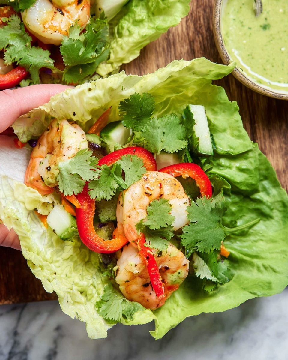 The image shows a lettuce wrap with several layers. The base is a large, light green lettuce leaf that holds the contents. On top of the lettuce, there are cooked shrimp, light pinkish-white with light golden grill marks. Bright red rings of bell pepper are placed over the shrimp, adding a pop of color. Some fresh green cilantro leaves are scattered on top along with pieces of white cucumber. A creamy green sauce is seen in parts, adding a smooth texture inside the wrap. The wrap is placed on a white marbled surface, and a woman's hand is holding it from the left side of the image. A bowl with green sauce is visible in the top right corner. Photo taken with an iphone --ar 4:5 --v 7