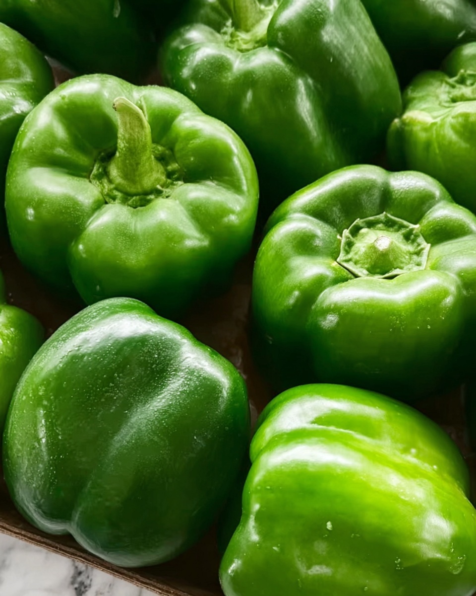 The image shows several fresh green bell peppers with smooth and shiny skin closely packed together. Each pepper has a rich green color with slight variations in shade, from a brighter lime green to a deeper forest green. The peppers have a firm, rounded shape with visible ridges that create natural segments. They rest on a brown tray, and the background features a white marbled texture. The lighting highlights the moisture and texture on the peppers, giving them a fresh appearance. photo taken with an iphone --ar 4:5 --v 7