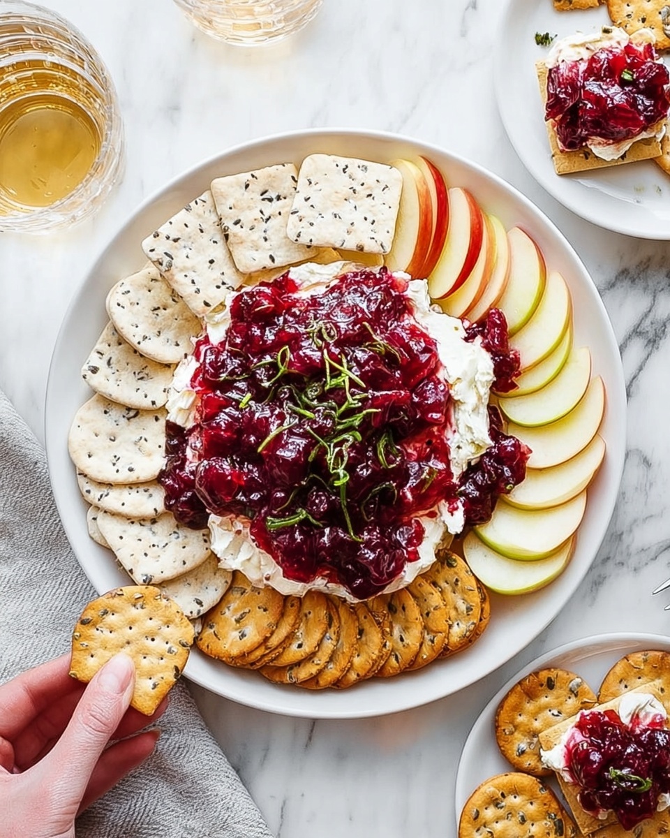 A white plate sits in the center filled with a creamy white cheese spread topped with a thick layer of dark red cranberry sauce mixed with pieces of cranberries and sprinkled green onion slices on top. Around the plate, there are layers of thin apple slices arranged in a fan shape, with sections of light beige crackers with visible seeds placed on all sides, as well as light brown crackers stacked at the top right. Two white plates are partially visible on the sides, each holding some crackers topped with the cranberry and cheese mixture. A woman's hand is holding a cracker on the left side. The scene is set on a white marbled texture surface with glasses containing light golden beverages nearby. photo taken with an iphone --ar 4:5 --v 7