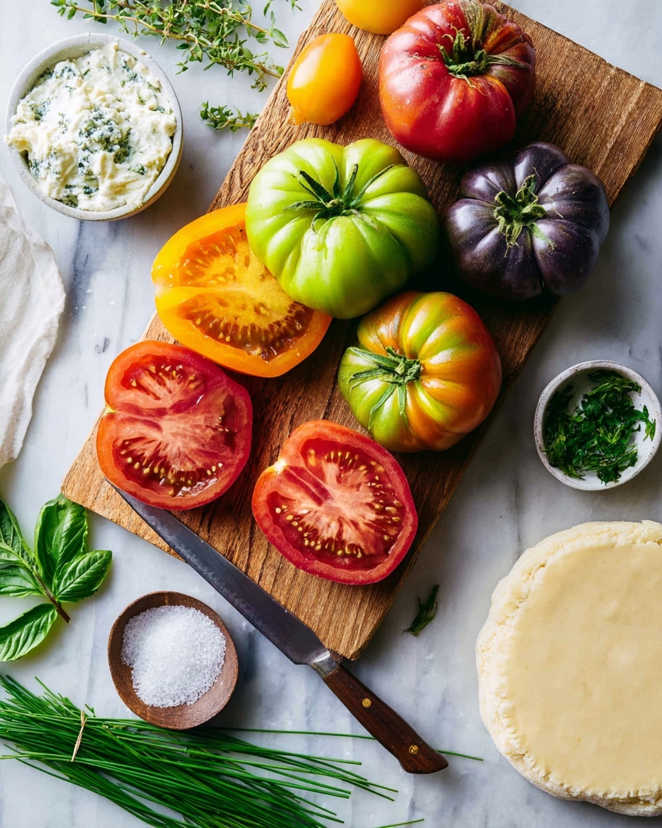 A wooden cutting board holds a large green tomato in the center, surrounded by whole tomatoes in shades of deep purple, bright red, and yellow-orange. Two slices of a dark purple tomato show its juicy, seed-filled inside, with a knife resting on the board. To the right on a white marbled surface, there is a round, pale dough circle ready to be topped, a small white bowl of coarse salt, and a white bowl of creamy white mixture with herbs mixed in. Green basil leaves and fresh chives are spread nearby, adding fresh green color to the scene. Photo taken with an iphone --ar 4:5 --v 7