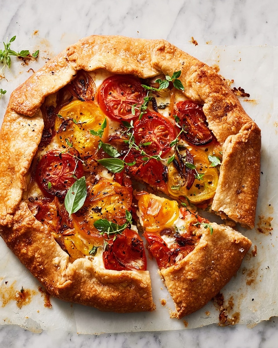 A rustic tomato galette with a thick, golden-brown flaky crust folded over the edges, holding colorful layers of red, yellow, and orange tomato slices arranged closely together with a slight sheen. Fresh green basil leaves are scattered on top, adding a pop of bright color. The galette is placed on a piece of parchment paper on a wooden board, set against a white marbled surface. Nearby, a small wooden bowl contains cracked black pepper, and a stack of white plates with two forks resting on the top plate is visible along with a striped kitchen towel in soft green, white, and red colors. Photo taken with an iphone --ar 4:5 --v 7