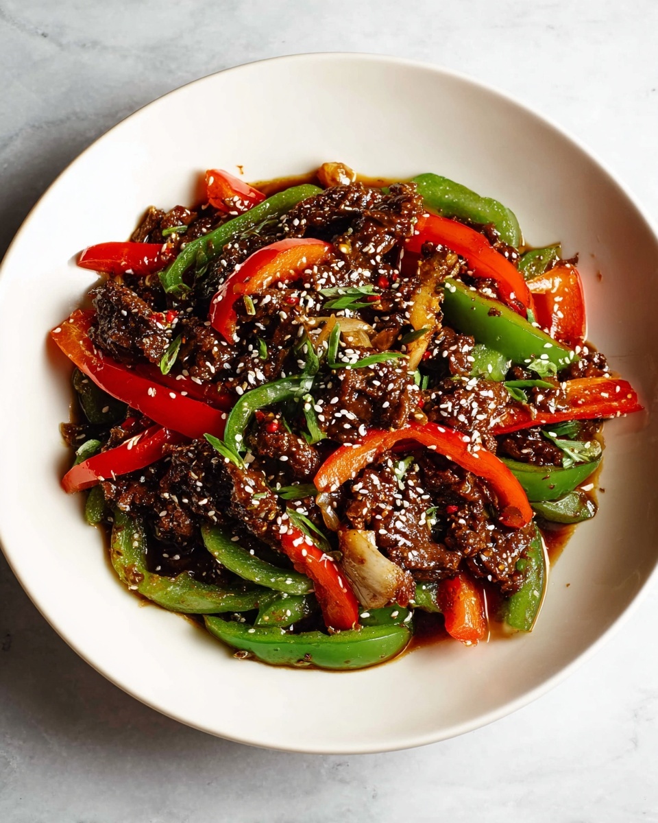 The dish shows a white round plate filled with two main layers. The bottom layer has sliced green and red bell peppers, long and smooth with a shiny look. The top layer is made of dark brown cooked meat pieces mixed with bits of garlic and some sauce that adds a wet shine. Small white sesame seeds sprinkle on top, adding texture and contrast. The plate is placed on a white marbled surface. Photo taken with an iphone --ar 4:5 --v 7
