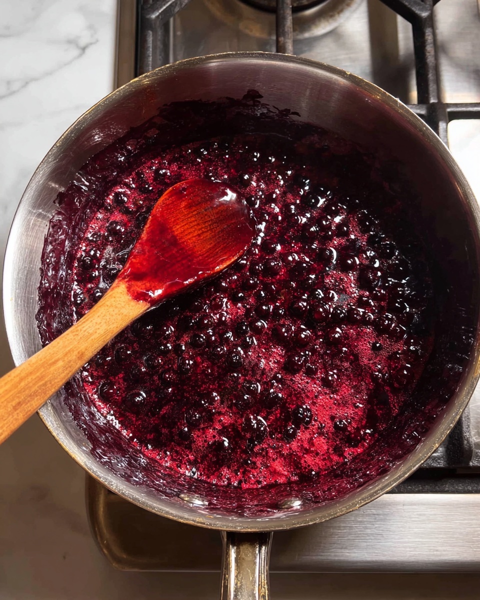 A shiny silver pot sits on a stove with a thick dark red and purple berry sauce bubbling inside, filled with whole and crushed berries creating a textured surface. A wooden spoon with a warm brown color rests in the pot, partially submerged in the sauce, showing some sticky bits on its edge. The stove top around the pot is metallic and reflective, while the background is a white marbled texture. photo taken with an iphone --ar 4:5 --v 7